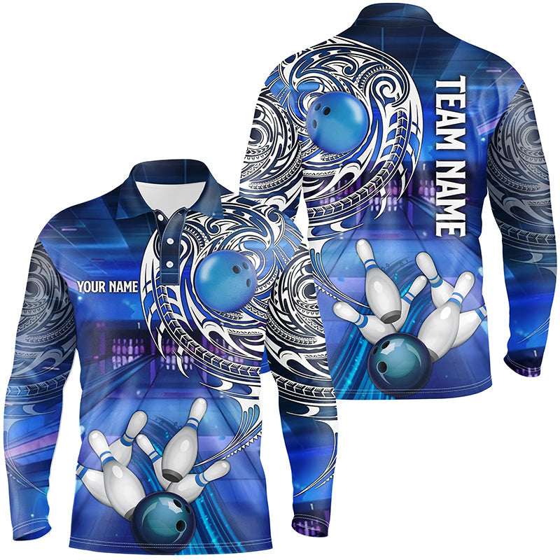 Personalized Blue tribal pattern custom bowling Polo, 1/4 zip shirts for men, cool bowling jerseys NQS8339