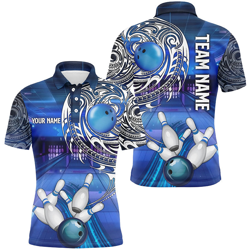 Personalized Blue tribal pattern custom bowling Polo, 1/4 zip shirts for men, cool bowling jerseys NQS8339