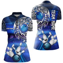 Load image into Gallery viewer, Personalized Blue tribal pattern custom bowling Polo, 1/4 zip shirts for Women, cool bowling jerseys NQS8339