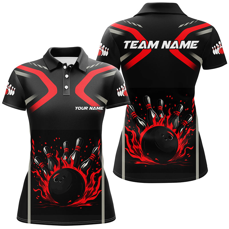 Personalized Red & Black Flame Bowling ball pins custom bowling shirts for Women, cool bowling jerseys NQS8341