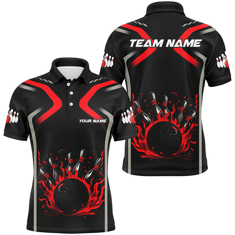 Personalized Red & Black Flame Bowling ball pins custom bowling shirts for Men, cool bowling jerseys NQS8341