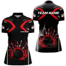 Load image into Gallery viewer, Personalized Red &amp; Black Flame Bowling ball pins custom bowling shirts for Women, cool bowling jerseys NQS8341