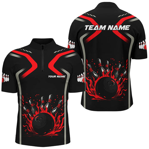 Personalized Red & Black Flame Bowling ball pins custom bowling shirts for Men, cool bowling jerseys NQS8341
