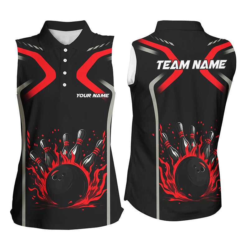 Personalized Red & Black Flame Bowling ball pins custom Sleeveless polo shirts, cool bowling jerseys NQS8341