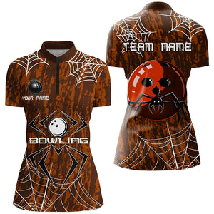 Orange Camo Bowling Polo, 1/4 Quarter zip shirt Custom Spider web Halloween Women Team Bowling jerseys NQS8344