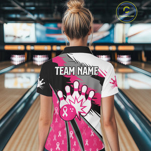 Women bowling shirts Custom pink ribbons pattern Bowling Team Jersey, Breast cancer shirt for Bowler NQS10515