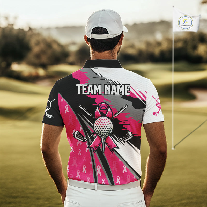 Mens golf polo shirt Custom pink ribbon pattern mens golf clothes, Breast cancer shirt for golfer NQS10516