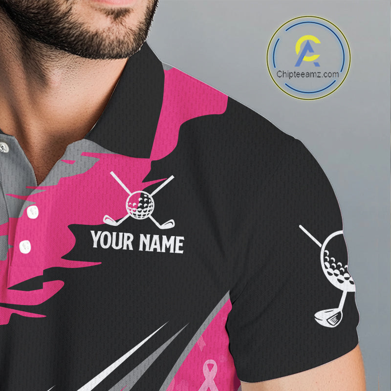 Mens golf polo shirt Custom pink ribbon pattern mens golf clothes, Breast cancer shirt for golfer NQS10516