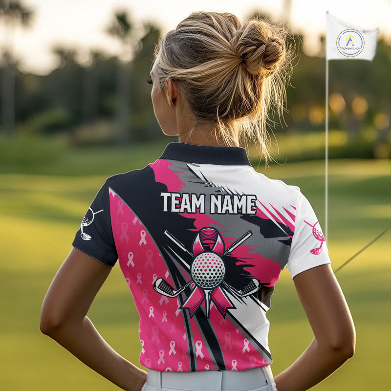 Women golf polo shirt Custom pink ribbon pattern ladies golf clothes, Breast cancer shirt for golfer NQS10516
