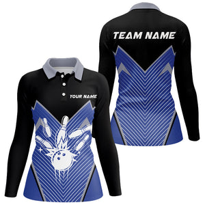 Retro Bowling Polo, Quarter Zip shirts for Women custom Bowling Team League Jerseys | Blue NQS8553