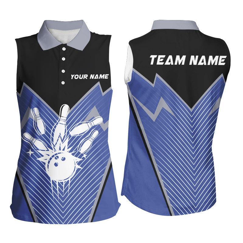 Retro Bowling sleeveless polo shirts for Women custom Bowling Team League Jerseys | Blue NQS8553