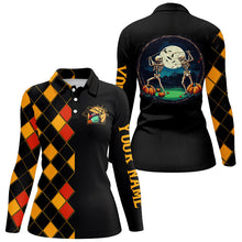 Load image into Gallery viewer, Funny Womens golf polo shirts custom black and orange argyle pattern Halloween skull golf tops NQS8555