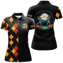 Load image into Gallery viewer, Funny Womens golf polo shirts custom black and orange argyle pattern Halloween skull golf tops NQS8555