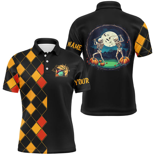 Funny Mens golf polo shirts custom black and orange argyle pattern Halloween skull golf tops NQS8555