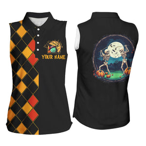 Funny Womens sleeveless golf polos custom black and orange argyle pattern Halloween skull golf tops NQS8555