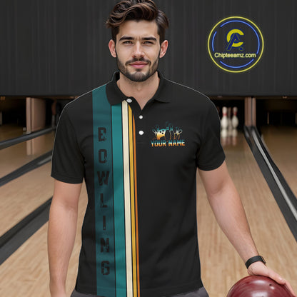 Black and Green Retro Bowling Polo, Quarter Zip Shirts for Men Custom Team Bowling League Jerseys NQS10744
