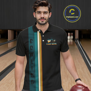Black and Green Retro Bowling Polo, Quarter Zip Shirts for Men Custom Team Bowling League Jerseys NQS10744