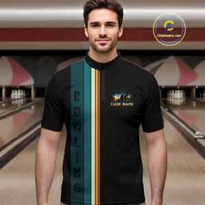 Black and Green Retro Bowling Polo, Quarter Zip Shirts for Men Custom Team Bowling League Jerseys NQS10744