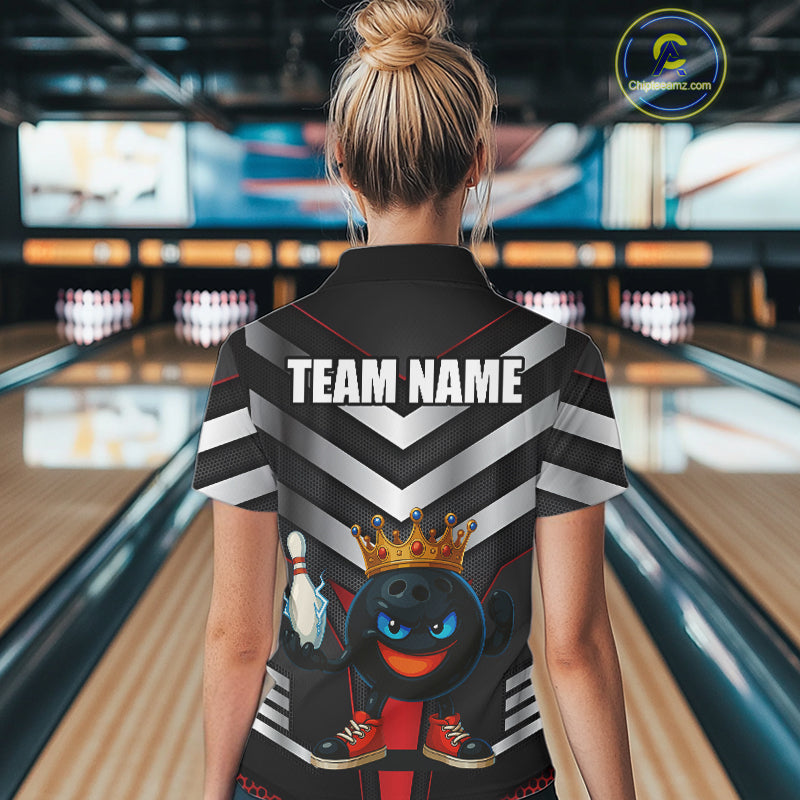 Funny Bowling Shirts Black & Silver Metal Team Women Bowling Polo, 1/4 Zip Shirt Custom bowling gifts NQS10942