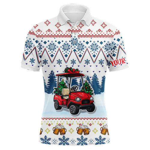 Men Golf Polo Shirts Custom Ugly Christmas Pattern Golf cart and beer golf shirts for men | Blue NQS9031