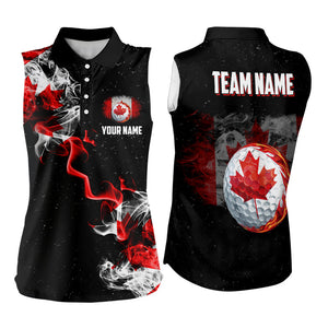 Smoke Canadian Flag Black grunge Women Sleeveless polo Shirts Custom patriotic golf shirts for women NQS9033