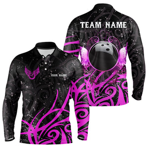 Black and Pink Camo Bowling Polo, Quarter Zip Shirts For Men Custom Team Bowling Jersey bowlers outfit NQS9035