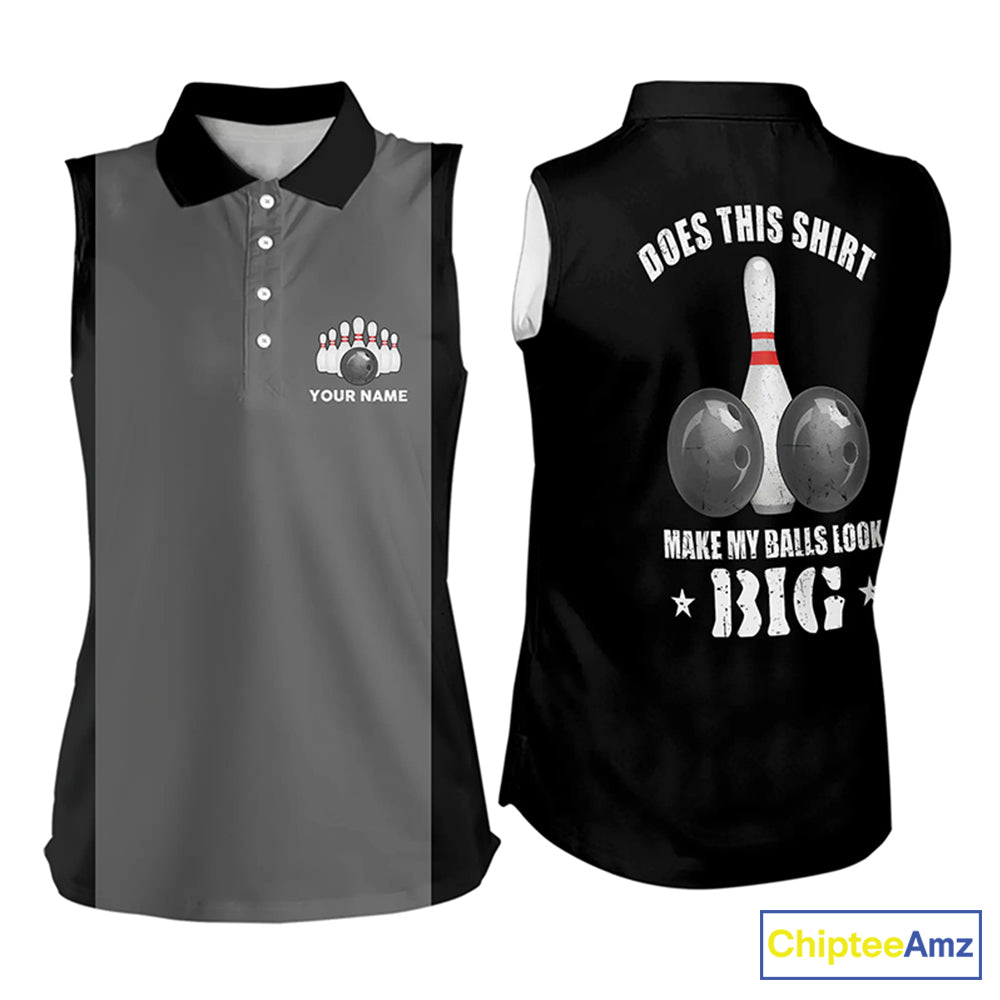 Women bowling sleeveless polo Custom vintage grey and black Does this shirt make my balls look big NQS9267