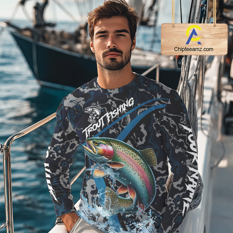 Custom Rainbow Trout Fishing Camo Long Sleeve Fishing Shirts, Personalized Trout Fishing Team Jerseys NQS11330