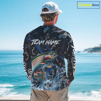 Custom Rainbow Trout Fishing Camo Long Sleeve Fishing Shirts, Personalized Trout Fishing Team Jerseys NQS11330