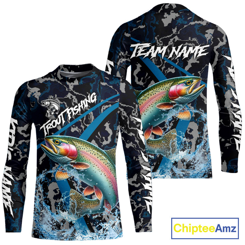Custom Rainbow Trout Fishing Camo Long Sleeve Fishing Shirts, Personalized Trout Fishing Team Jerseys NQS11330