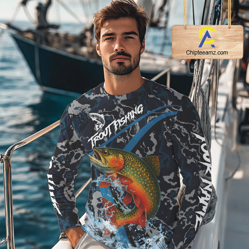 Custom Brook Trout Fishing Camo Long Sleeve Fishing Shirts, Personalized Trout Fishing Team Jerseys NQS11331