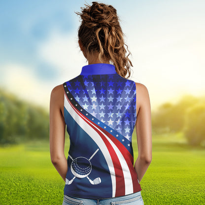 Personalized Red, White and Blue Sleeveless golf polo shirts custom patriotic ladies golf shirts NQS9438