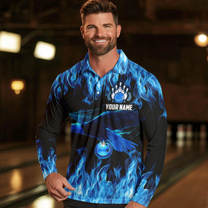 Blue Flame Eagle Custom Bowling Team Shirts For Men, Fire Bowling League Jersey Outfit For Bowler NQS9440