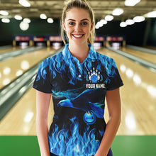 Load image into Gallery viewer, Blue Flame Eagle Custom Bowling Team Shirts For Women, Fire Bowling League Jersey Outfit For Bowler NQS9440