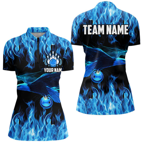 Blue Flame Eagle Custom Bowling Team Shirts For Women, Fire Bowling League Jersey Outfit For Bowler NQS9440