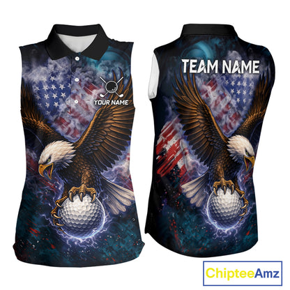 Smoke American Flag Eagle Womens sleeveless golf polo shirt Custom patriotic golf outfit ladies NQS11541