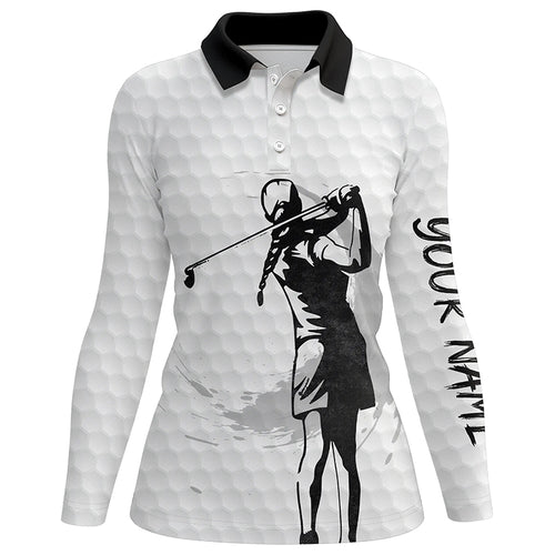 Womens golf polo shirt custom name black and white golf ball, golf gift for her NQS5340