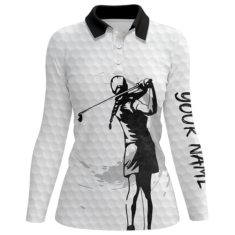 Womens golf polo shirt custom name black and white golf ball, golf gift for her NQS5340