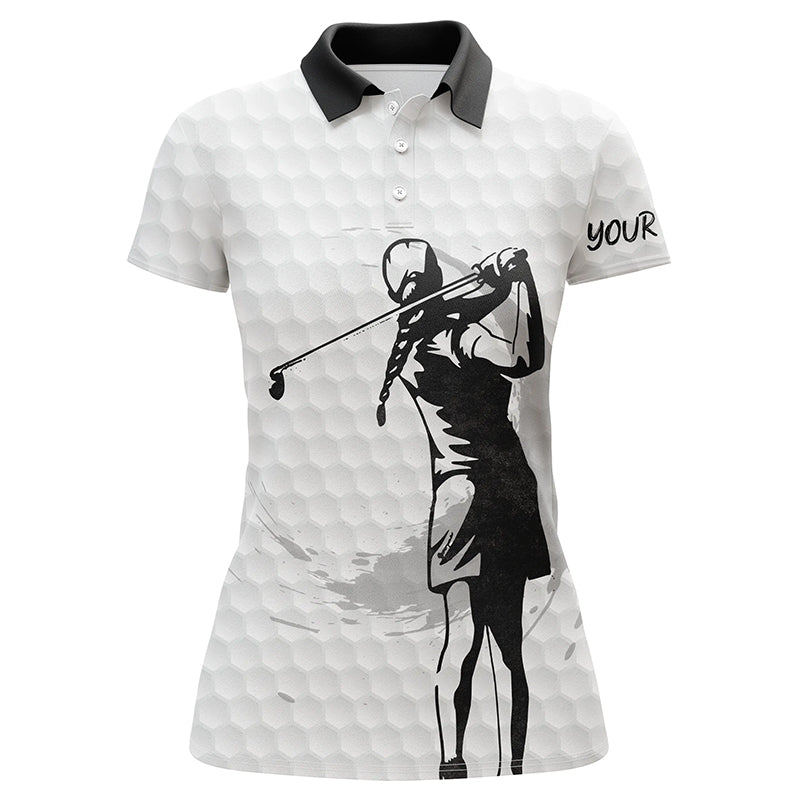 Womens golf polo shirt custom name black and white golf ball, golf gift for her NQS5340
