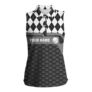 Black and white argyle pattern golf outfits ladies custom Womens sleeveless polo shirts, golf gifts NQS7682