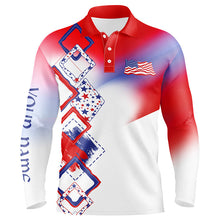 Load image into Gallery viewer, Mens golf polo shirt custom name red, white and blue American Flag golf shirt, patriot golfing gifts NQS7918