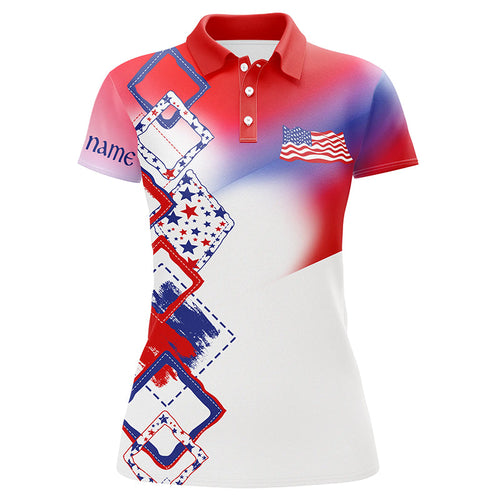 Womens golf polo shirt custom name red, white and blue American Flag golf shirt, patriot golfing gifts NQS7918