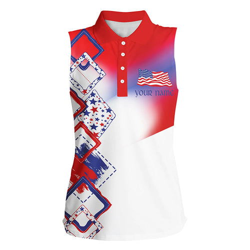 Womens sleeveless polo shirt custom red, white and blue American Flag golf shirt, patriot golfing gift NQS7918