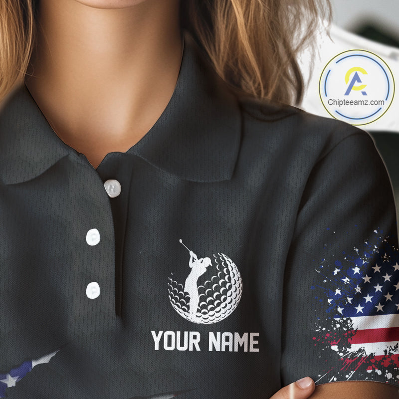 Personalized American Flag Women golf polo shirt, Custom Patriotic Golf Team Shirts For ladies| Black NQS10178