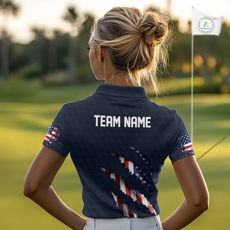 Personalized American Flag Women golf polo shirt, Patriotic Golf Team Shirts For ladies | Navy Blue NQS10179