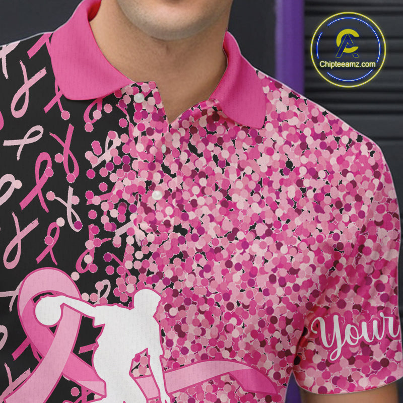 Pink glitter ribbon black Bowling Shirts For Men Custom Breast cancer bowling shirts gift for bowlers NQS10180