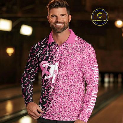 Pink glitter ribbon black Bowling Shirts For Men Custom Breast cancer bowling shirts gift for bowlers NQS10180