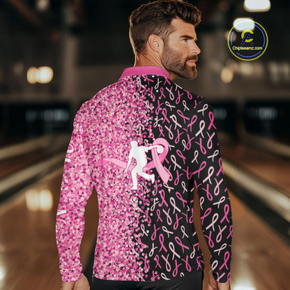 Pink glitter ribbon black Bowling Shirts For Men Custom Breast cancer bowling shirts gift for bowlers NQS10180