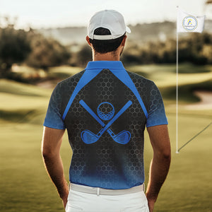 Mens golf polo shirts custom black and blue hexagon pattern golf outfits men, cool golf gifts NQS10317