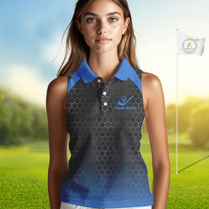 Women sleeveless polo shirt custom black and blue hexagon pattern golf outfits ladies, cool golf gift NQS10317